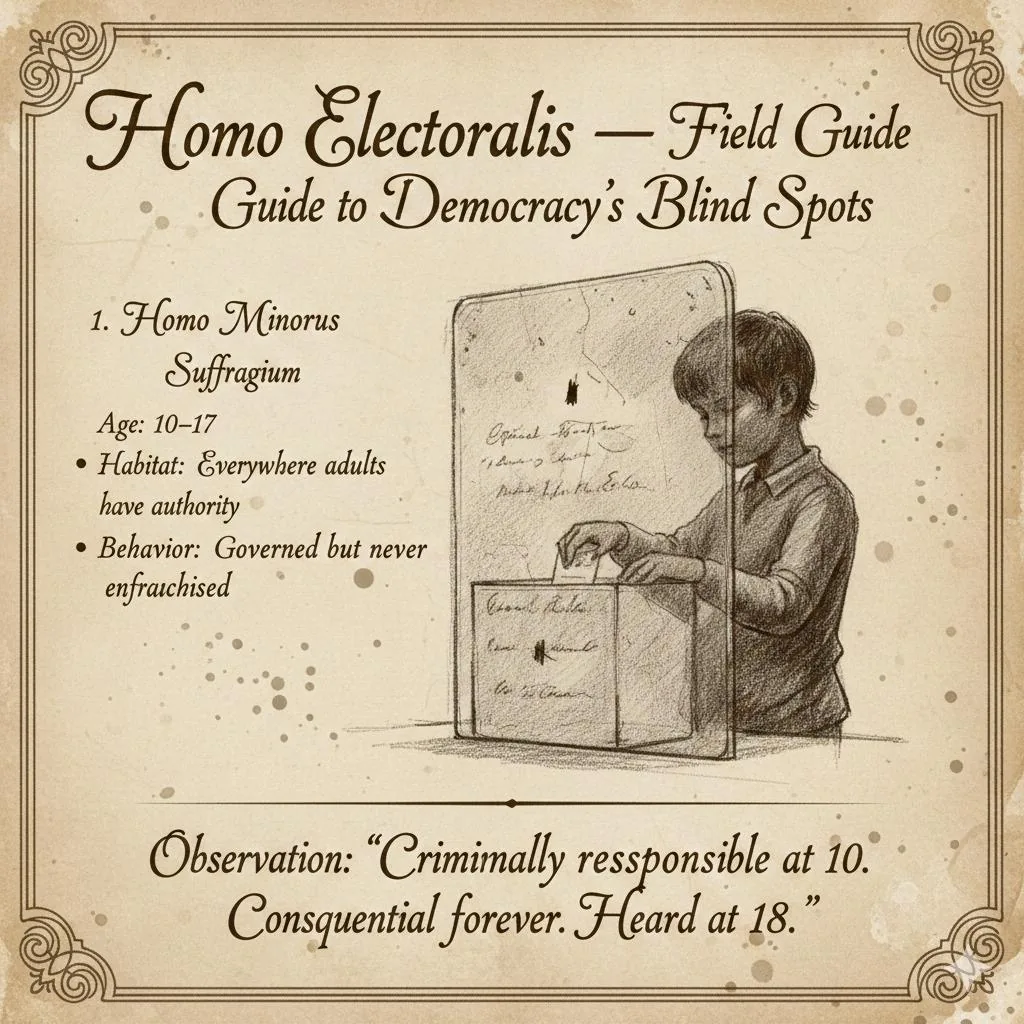 Homo minorus suffragium: A boy reaches toward a ballot box nearly as tall as he is.