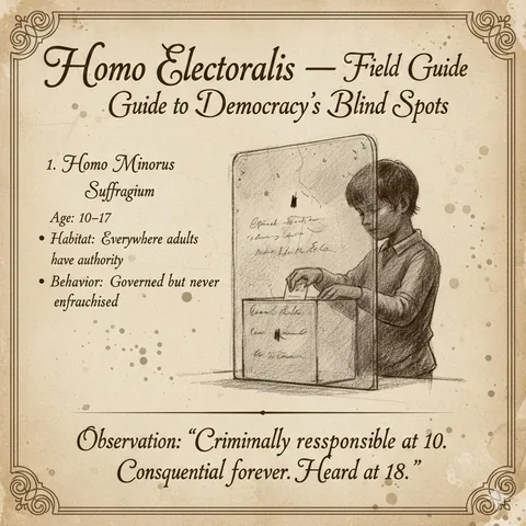 Homo minorus suffragium: A boy reaches toward a ballot box nearly as tall as he is.