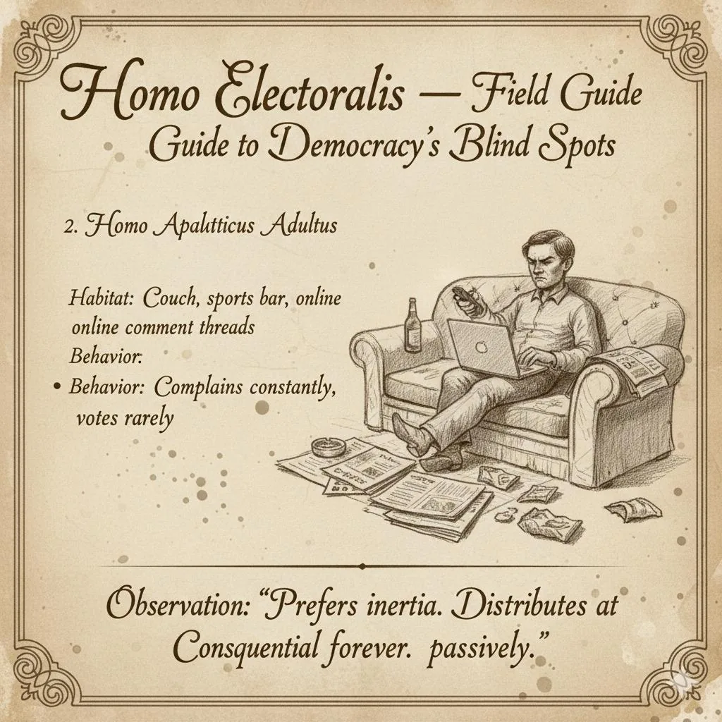 Homo apalitticus adultus: A man sprawls on a couch with a laptop and a drink, papers piled at his feet.