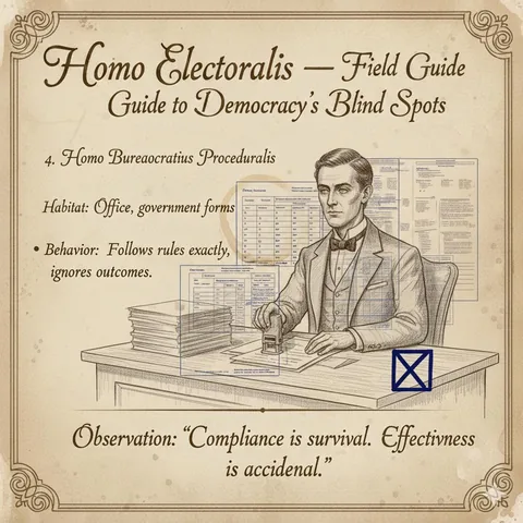 Homo bureaucratius proceduralis: A clerk at a desk stacked with forms, one box ticked.