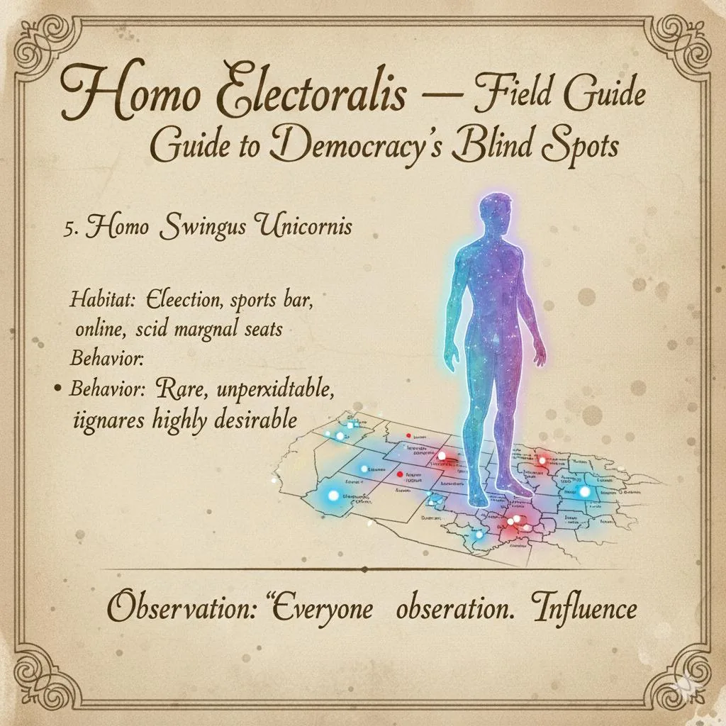 Homo swingus unicornis: A glowing blue figure stands on a map lit with red and blue points.