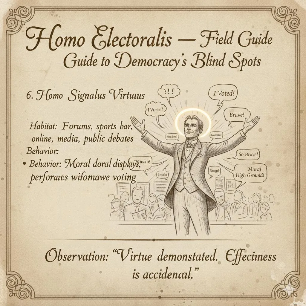 Homo signalus virtuus: A haloed man raises his arms beneath speech bubbles of praise.