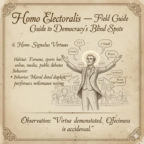 Homo signalus virtuus: A haloed man raises his arms beneath speech bubbles of praise.