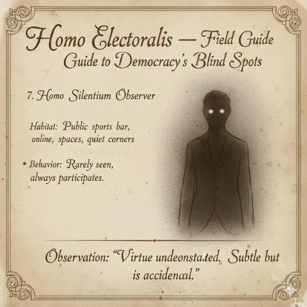 Homo silentium observer: A shadowed figure with two faint glowing eyes.