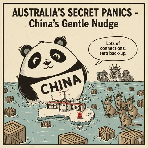 Australia’s Secret Panics: Cartoon: a giant panda marked China looms over a map of Australia, saying “Lots of connections, zero back-up.”