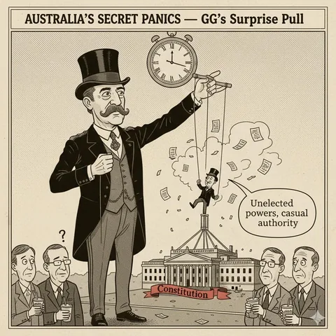 GG’s Surprise Pull: Cartoon: a man in a top hat holds a stopwatch and pulls strings over a building labelled Constitution.