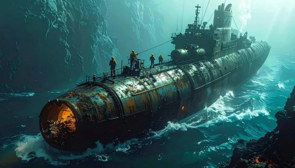 Submarine Concept: A rusted submarine glides through dark green water.