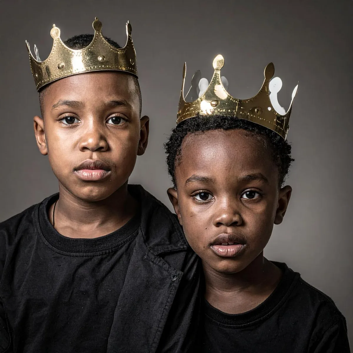 The Cubs: Two boys in paper crowns look straight at the camera.