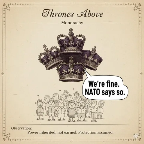 Thrones Above Monarchy: A crown floats over a crowd. Its speech bubble: “We’re fine. NATO says so.”