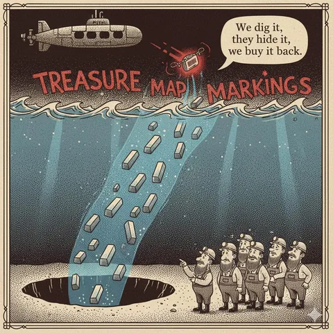 Treasure Map Markings: Cartoon: a stream of gold bars drains into a hole as officials watch. “We dig it, they hide it, we buy it back.”