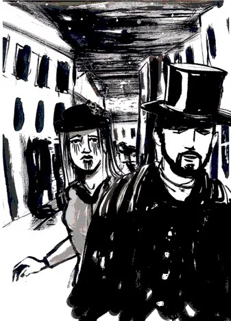 Ink sketch: a bearded man in a top hat walks a narrow night street, a woman behind him.