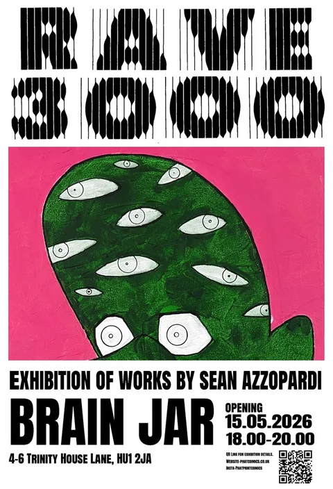 Poster for Rave 3000, an exhibition of works by Sean Azzopardi: a green many-eyed figure on pink.